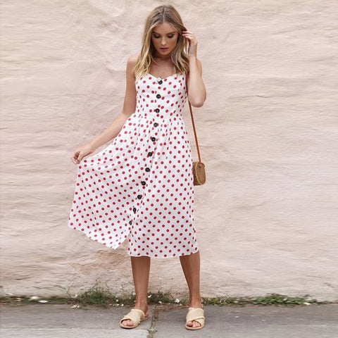 2020 Women Summer Dress Sexy Backless Midi Dress Boho Polka Dot Striped Floral Beach Dress Female Casual Vintage Button Sundress