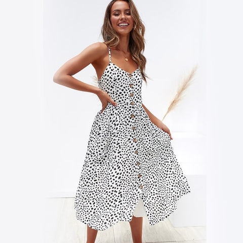 2020 Women Summer Dress Sexy Backless Midi Dress Boho Polka Dot Striped Floral Beach Dress Female Casual Vintage Button Sundress