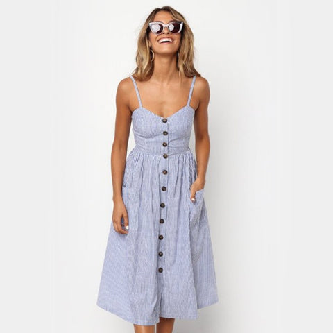 2020 Women Summer Dress Sexy Backless Midi Dress Boho Polka Dot Striped Floral Beach Dress Female Casual Vintage Button Sundress