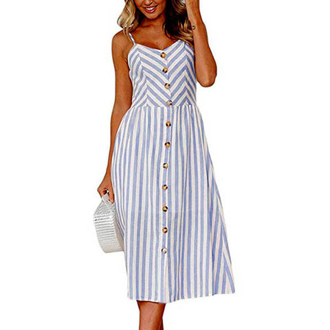 2020 Women Summer Dress Sexy Backless Midi Dress Boho Polka Dot Striped Floral Beach Dress Female Casual Vintage Button Sundress