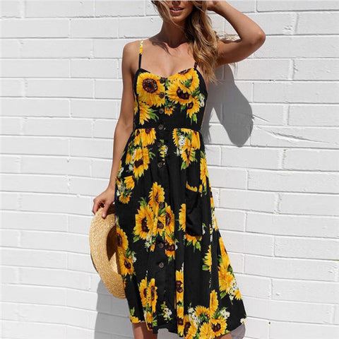 2020 Women Summer Dress Sexy Backless Midi Dress Boho Polka Dot Striped Floral Beach Dress Female Casual Vintage Button Sundress