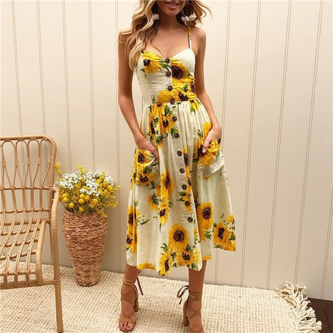 2020 Women Summer Dress Sexy Backless Midi Dress Boho Polka Dot Striped Floral Beach Dress Female Casual Vintage Button Sundress