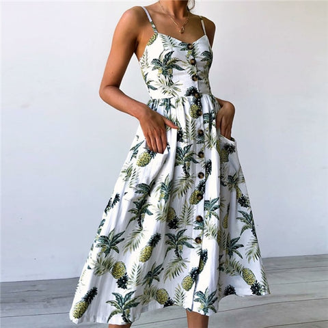 2020 Women Summer Dress Sexy Backless Midi Dress Boho Polka Dot Striped Floral Beach Dress Female Casual Vintage Button Sundress